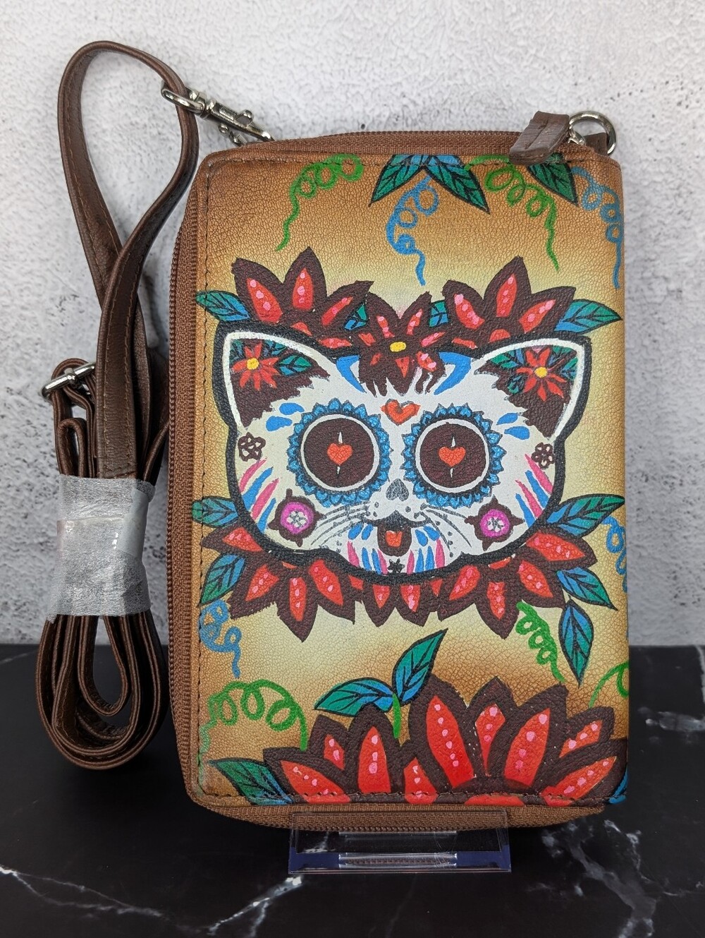Sukriti Hand-Painted Leather Cat Sugar Skull Crossbody Bag - NWOT